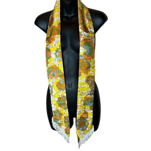 Accessories - Vintage 1970s pattern print colorful floral abstract fringed skinny scarf sash